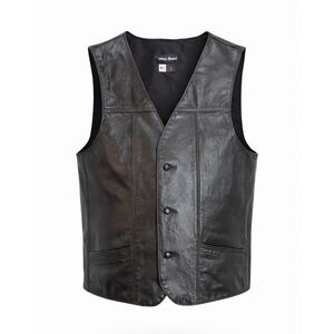 Vintage‎ Steer Brand Black Leather USA Button Up Vest Size XL Motorcycle Biker